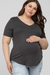 Grey V-Neck Front Pocket Short Sleeve Maternity Plus Top