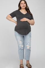 Grey V-Neck Front Pocket Short Sleeve Maternity Plus Top