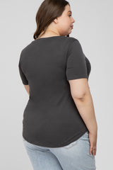 Grey V-Neck Front Pocket Short Sleeve Maternity Plus Top