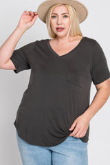 Grey V-Neck Front Pocket Short Sleeve Maternity Plus Top