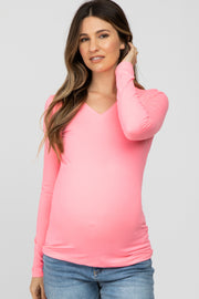 Neon Pink V-Neck Basic Maternity Long Sleeve Top