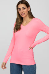 Neon Pink V-Neck Basic Maternity Long Sleeve Top