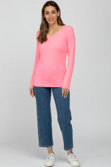 Neon Pink V-Neck Basic Long Sleeve Top