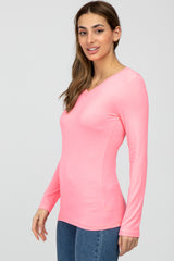 Neon Pink V-Neck Basic Long Sleeve Top