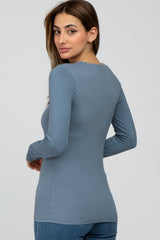 Grey Blue V-Neck Basic Long Sleeve Top