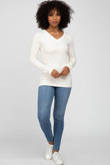 Ivory V-Neck Basic Long Sleeve Top