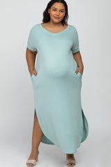 Aqua Side Slit Maternity Plus Maxi Dress