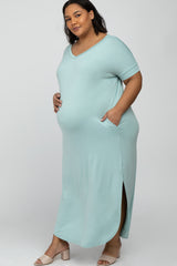 Aqua Side Slit Maternity Plus Maxi Dress