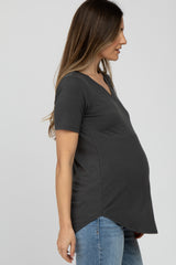 Dark Grey V-Neck Maternity Short Sleeve Round Hem Top