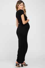 Black Short Sleeve Wrap Hem Maternity Maxi Dress