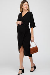 Black Wrap Front Maternity Midi Dress