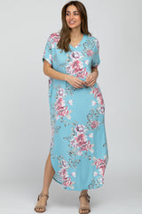 Light Blue Floral Round Hem Midi Dress