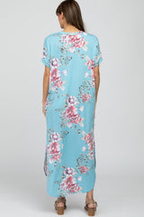 Light Blue Floral Round Hem Midi Dress