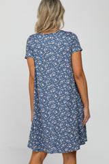 Blue Floral Knit Short Sleeve Maternity Dress