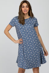 Blue Floral Knit Short Sleeve Maternity Dress