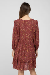 Burgundy Floral Ruffle Trim Maternity Dress