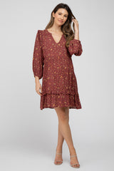 Burgundy Floral Ruffle Trim Maternity Dress