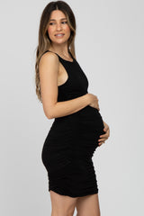 Black Sleeveless Ruched Maternity Dress