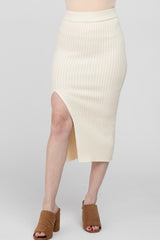 Ivory Ribbed Knit Side Slit Midi Skirt