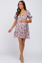 Navy Blue Floral Square Neck Puff Sleeve Babydoll Maternity Dress