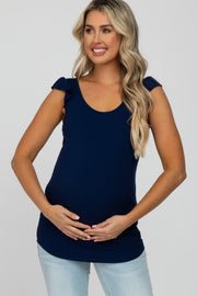 Navy Blue Ribbed Ruffle Shoulder Maternity Tank Top