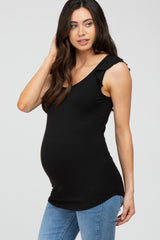 Black Ribbed Ruffle Shoulder Maternity Tank Top