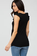 Black Ribbed Ruffle Shoulder Maternity Tank Top