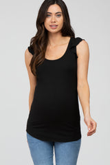 Black Ribbed Ruffle Shoulder Maternity Tank Top