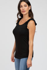 Black Ribbed Ruffle Shoulder Tank Top