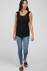 Black Ribbed Ruffle Shoulder Tank Top