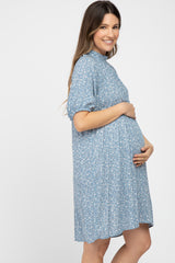 Blue Floral Mock Neck Maternity Dress