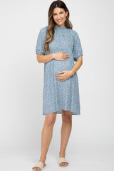 Blue Floral Mock Neck Maternity Dress