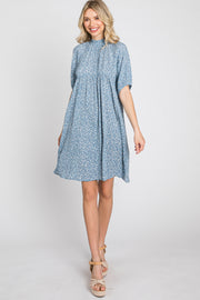 Blue Floral Mock Neck Dress