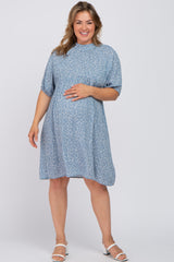 Blue Floral Mock Neck Maternity Plus Dress