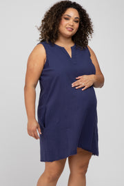 Navy Blue Split V-Neck Fringe Hem Maternity Plus Dress