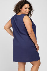 Navy Blue Split V-Neck Fringe Hem Maternity Plus Dress