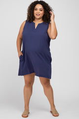 Navy Blue Split V-Neck Fringe Hem Maternity Plus Dress