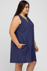 Navy Blue Split V-Neck Fringe Hem Plus Dress