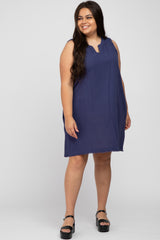 Navy Blue Split V-Neck Fringe Hem Maternity Plus Dress