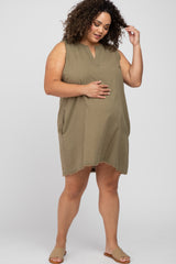 Olive Split V-Neck Fringe Hem Maternity Plus Dress