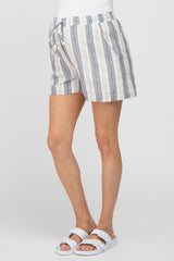 Navy Blue Striped Drawstring Maternity Shorts