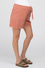 Mauve Striped Fringe Hem Maternity Shorts