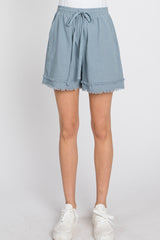 Light Blue Striped Fringe Hem Shorts