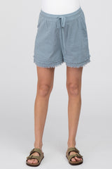 Light Blue Striped Fringe Hem Maternity Shorts