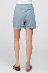 Light Blue Striped Fringe Hem Maternity Shorts