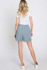 Light Blue Striped Fringe Hem Shorts