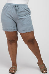 Light Blue Striped Fringe Hem Plus Shorts