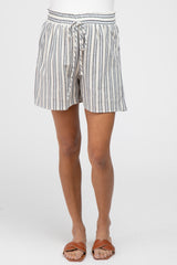 Navy Blue Striped Linen Drawstring Maternity Shorts