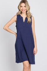 Navy Blue Split V-Neck Fringe Hem Dress