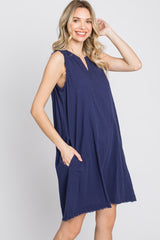 Navy Blue Split V-Neck Fringe Hem Dress